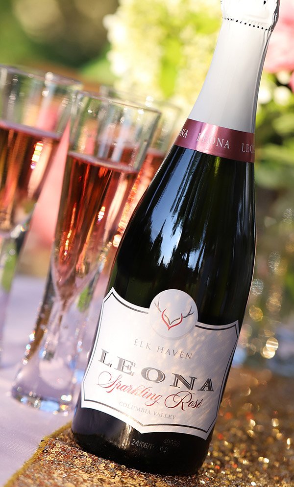 Stylish photo of Elk Haven Sparkling Rosé bottle placed next to champagne flutes filled with Rosé