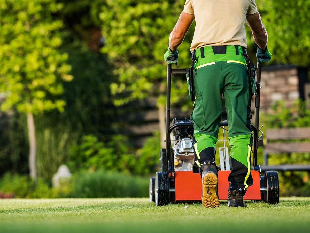 Photo of a man mowing a lawn, from the back