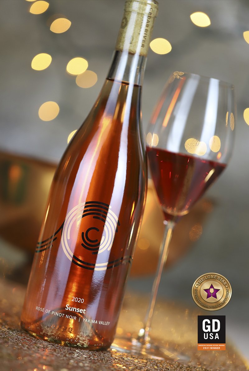 Cedar River Cellars wine label with clean geometric design inspired by cedar and water