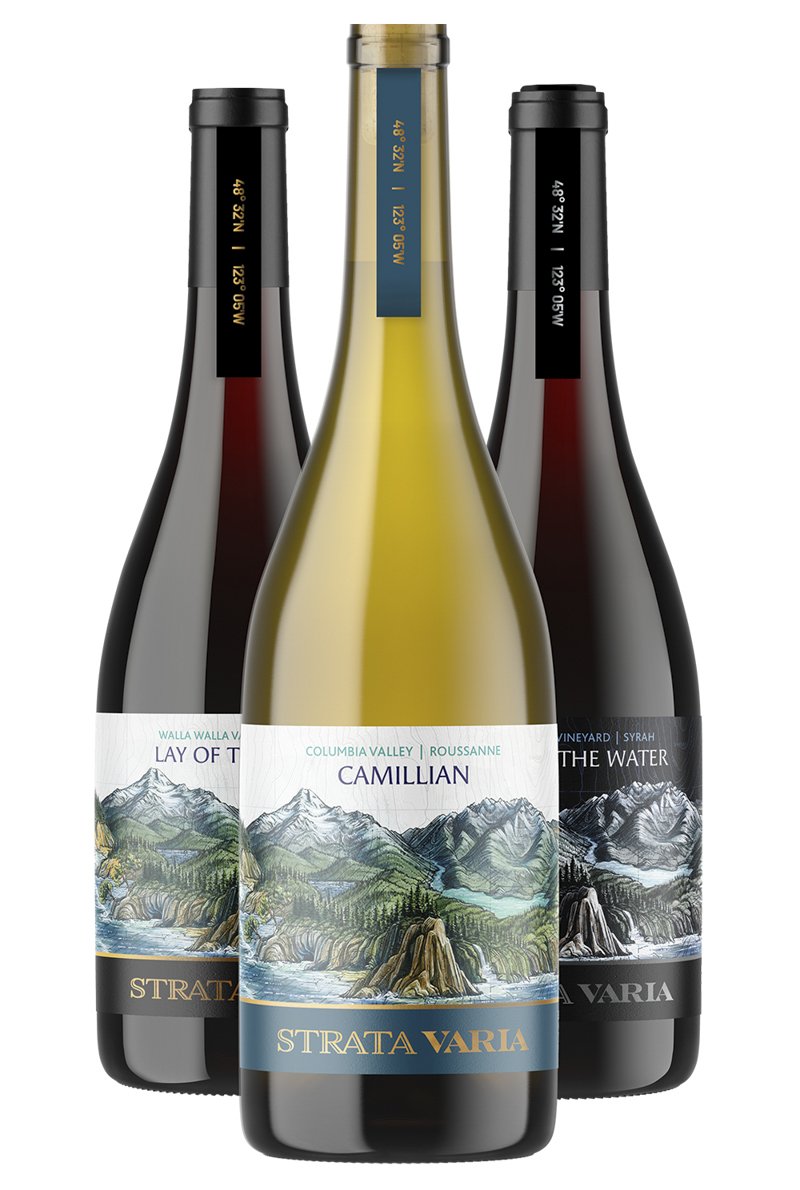StrataVaria wine label featuring an illustration of Washington’s layered landscapes
