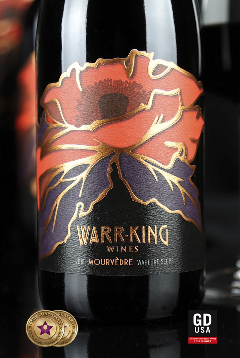 Warr-King wine label with botanical illustrations and Arts and Crafts-style typography